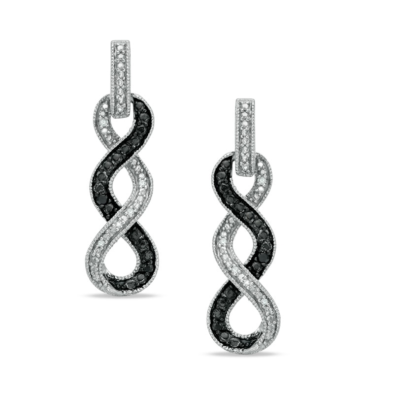 Enhanced Black and White Diamond Accent Cascading Braid Drop Earrings in Sterling Silver