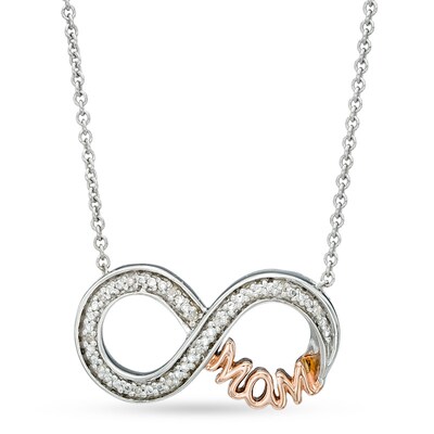 Diamond Accent Sideways Infinity with "MOM" Necklace in Sterling Silver and 14K Rose Gold Plate