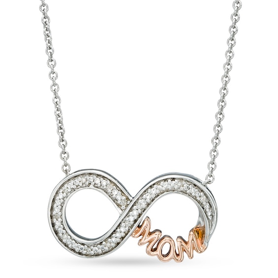 Diamond Accent Sideways Infinity with "MOM" Necklace in Sterling Silver and 14K Rose Gold Plate