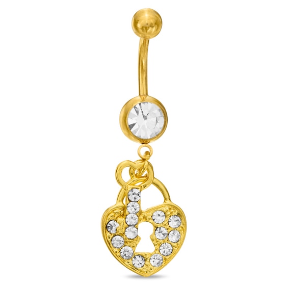 014 Gauge Belly Button Ring with Heart-Shaped Lock and Key Dangle with White Glass in Stainless Steel with Yellow IP