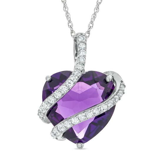 15mm Heart-Shaped Lab-Created Amethyst and White Sapphire Wrap Heart Pendant in Sterling Silver