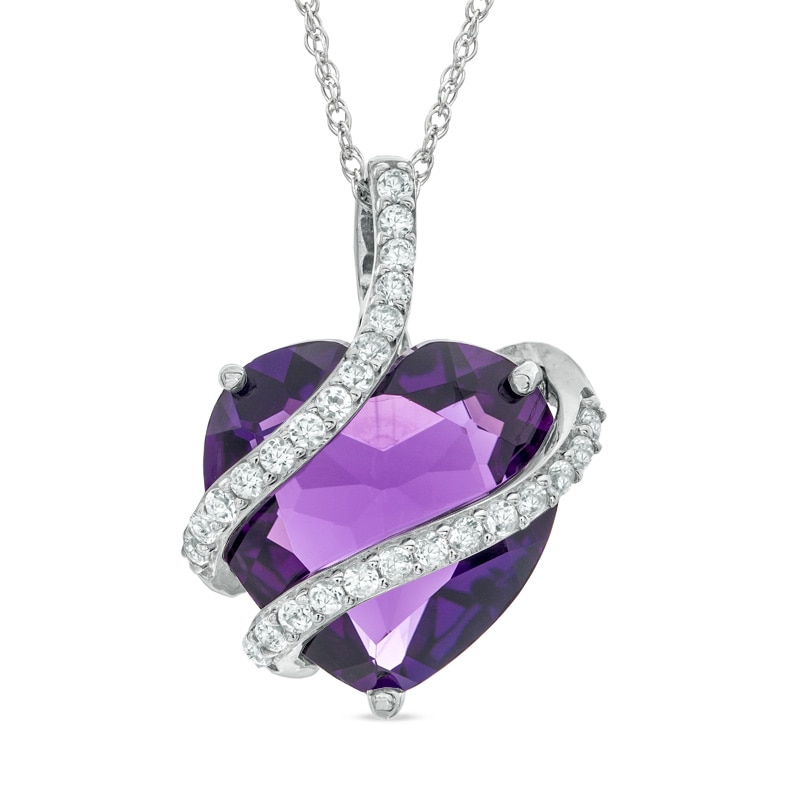 15mm Heart-Shaped Lab-Created Amethyst and White Sapphire Wrap Heart Pendant in Sterling Silver