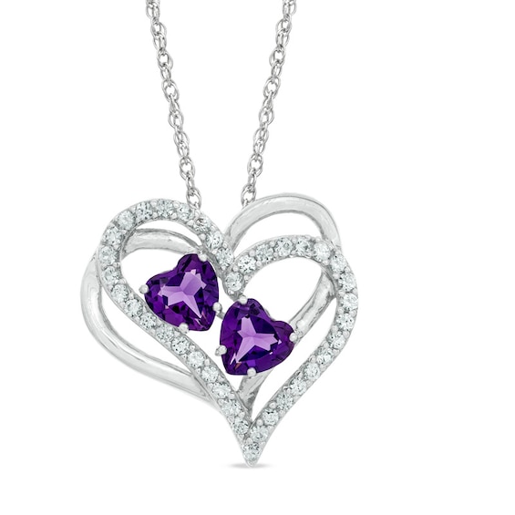6mm Heart-Shaped Lab-Created Amethyst and White Sapphire Double Heart Pendant in Sterling Silver