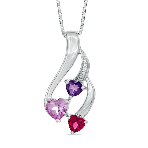 Amethyst, Lab-Created Ruby and Pink Sapphire Pendant in Sterling Silver with Diamond Accents