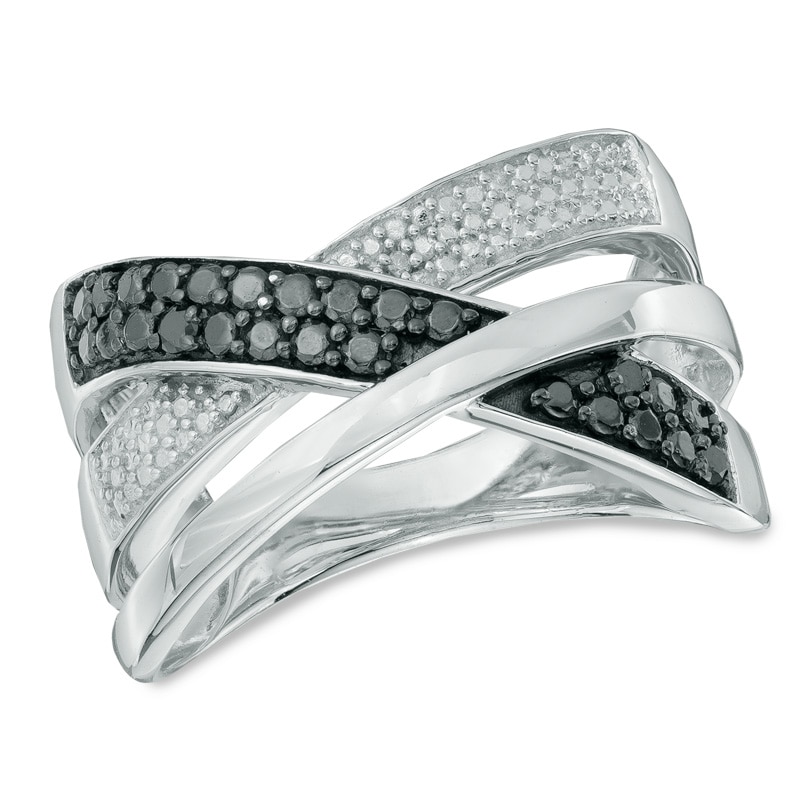 Enhanced Black and White Diamond Accent Crossover Ring in Sterling Silver - Size 7
