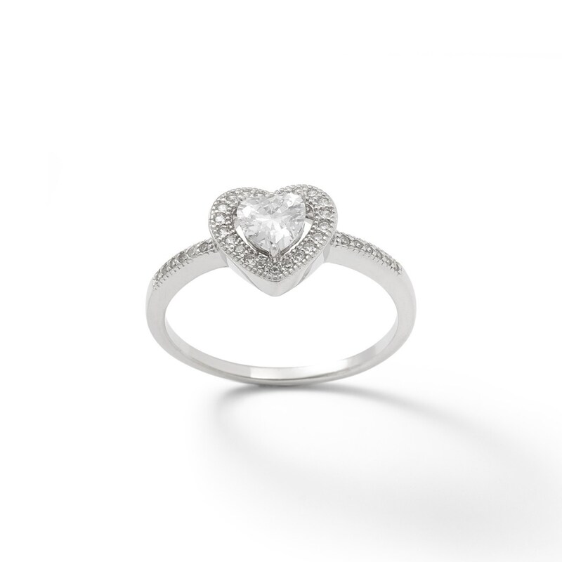 5.5mm Heart-Shaped Cubic Zirconia Frame Ring in Sterling Silver - Size 6