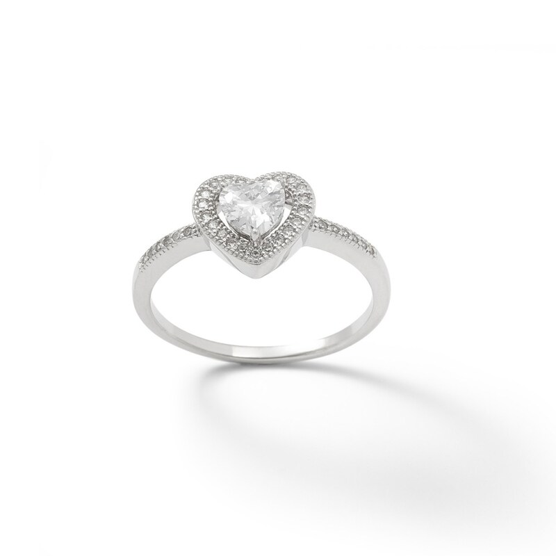 5.5mm Heart-Shaped Cubic Zirconia Frame Ring in Sterling Silver - Size 9