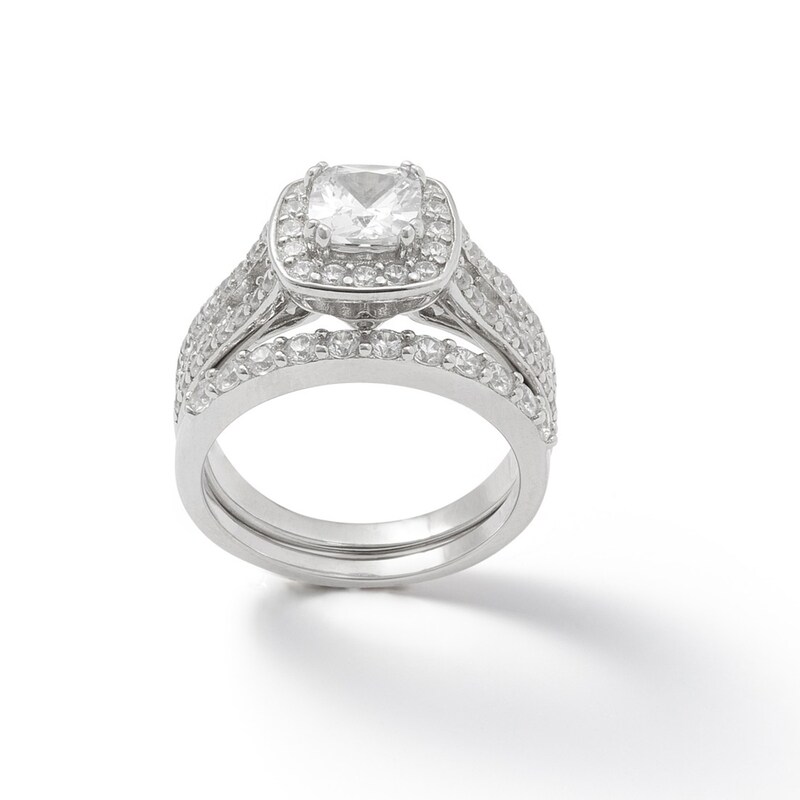 Cubic Zirconia Cushion Frame Bridal Set in Sterling Silver - Size 9