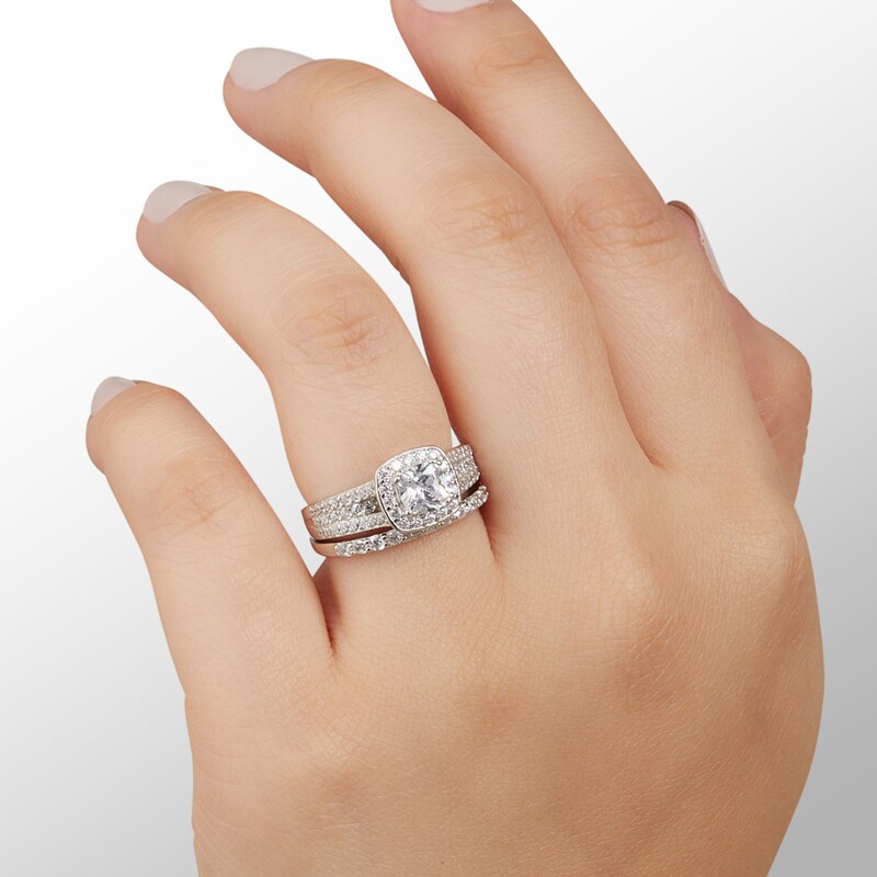 Cubic Zirconia Cushion Frame Bridal Set in Sterling Silver - Size 9