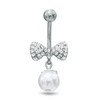 014 Gauge Crystal Bow Belly Button Ring in Stainless Steel with 7mm Faux Pearl Dangle