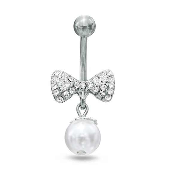 014 Gauge Crystal Bow Belly Button Ring in Stainless Steel with 7mm Faux Pearl Dangle