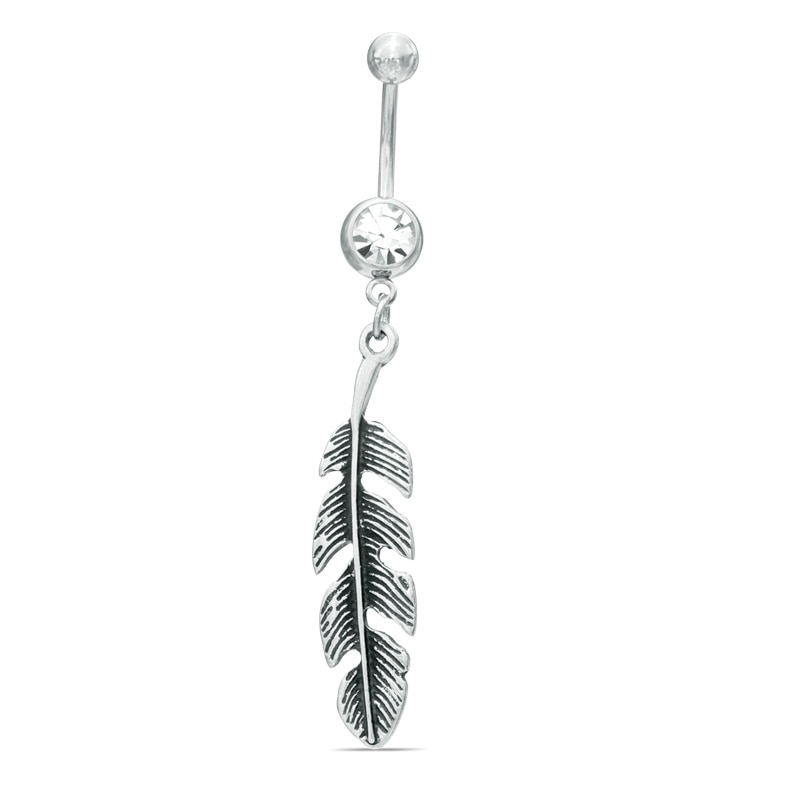 014 Gauge Crystal Belly Button Ring with Feather Dangle in Stainless Steel