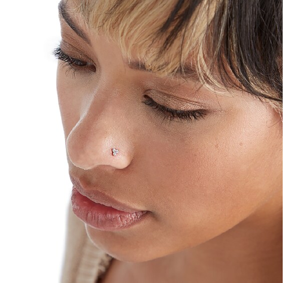 14K Solid White Gold CZ Triangle Screw Nose Stud - 22G 1/4"