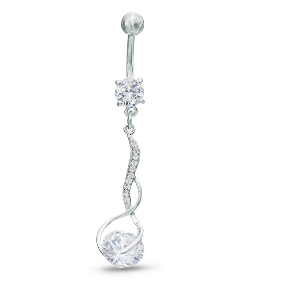 014 Gauge Cubic Zirconia and Crystal Twist Dangle Belly Button Ring in Stainless Steel