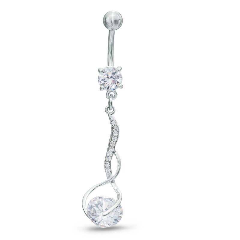 014 Gauge Cubic Zirconia and Crystal Twist Dangle Belly Button Ring in Stainless Steel