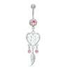 Thumbnail Image 1 of 014 Gauge Heart-Shaped Dreamcatcher and Feather Dangle Belly Button Ring in Stainless Steel with Pink Crystal