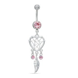 014 Gauge Heart-Shaped Dreamcatcher and Feather Dangle Belly Button Ring in Stainless Steel with Pink Crystal