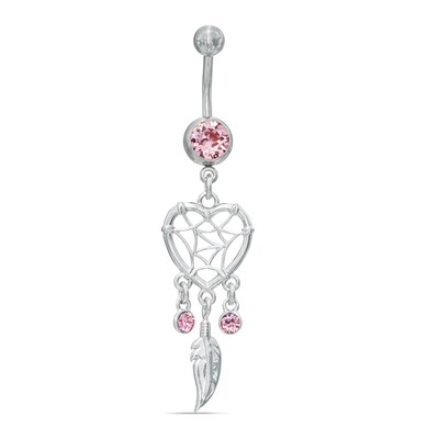 014 Gauge Heart-Shaped Dreamcatcher and Feather Dangle Belly Button Ring in Stainless Steel with Pink Crystal