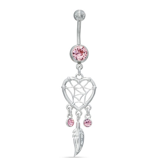 014 Gauge Heart-Shaped Dreamcatcher and Feather Dangle Belly Button Ring in Stainless Steel with Pink Crystal