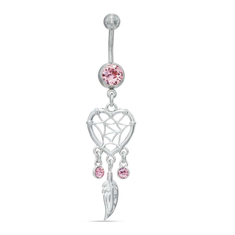 014 Gauge Heart-Shaped Dreamcatcher and Feather Dangle Belly Button Ring in Stainless Steel with Pink Crystal