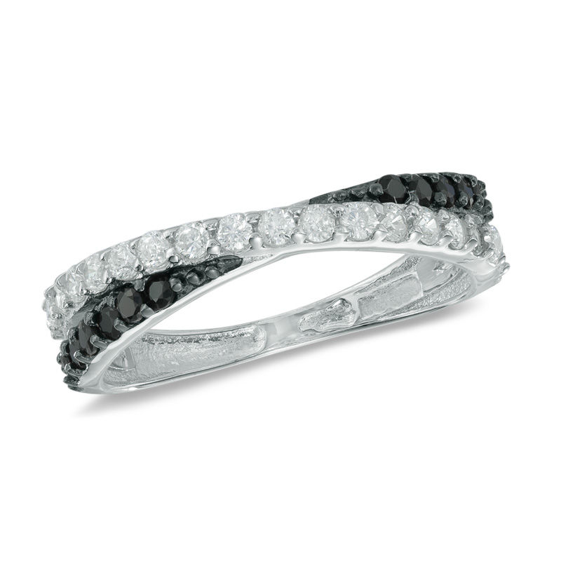 Black and White Cubic Zirconia Criss-Cross Band in Sterling Silver - Size 6