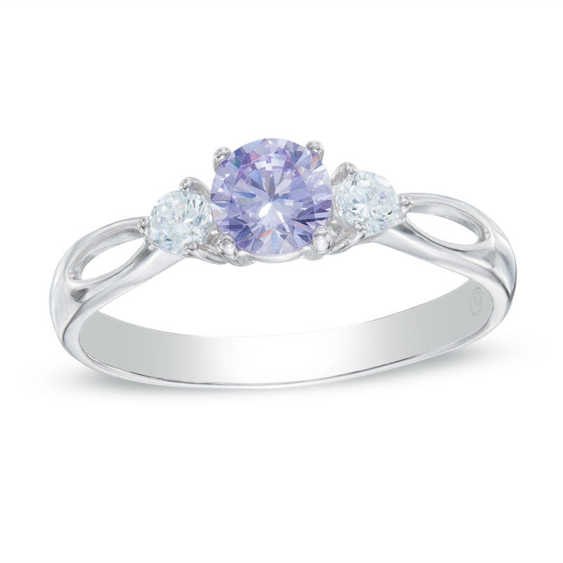 5.5mm Purple and White Cubic Zirconia Three Stone Ring in Sterling Silver -  Size 5
