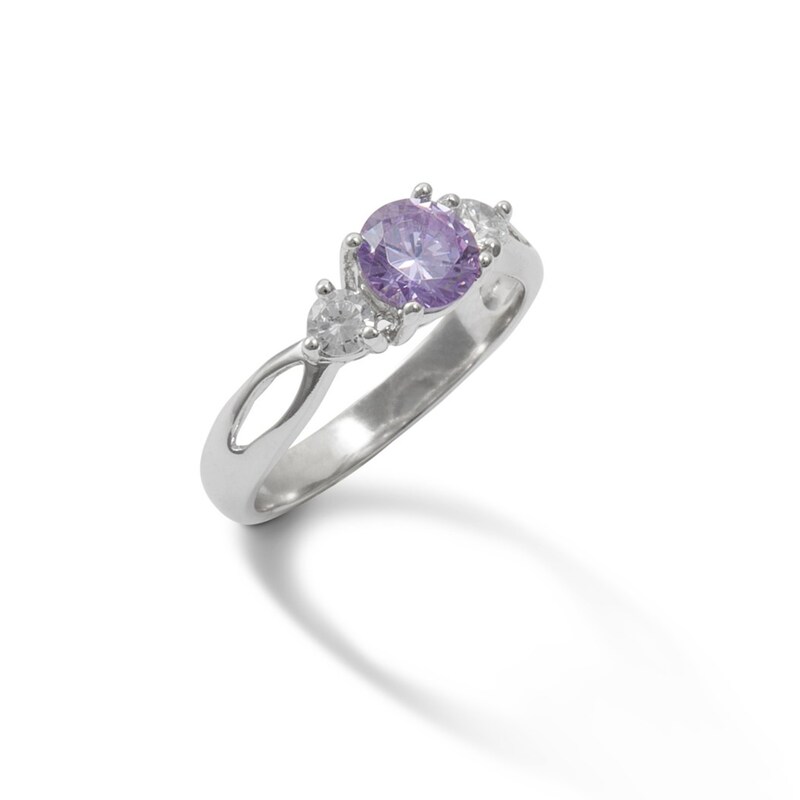 5.5mm Purple and White Cubic Zirconia Three Stone Ring in Sterling Silver - Size 5