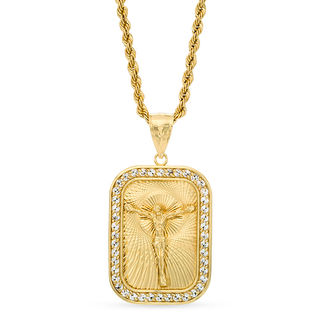 Cubic Zirconia Rectangular Crucifix Medallion Pendant in Bronze with 14K Gold Plate - 24"