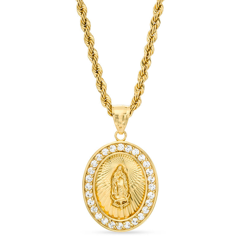 Cubic Zirconia Our Lady of Guadalupe Medallion Pendant in Brass with 14K Gold Plate - 24"