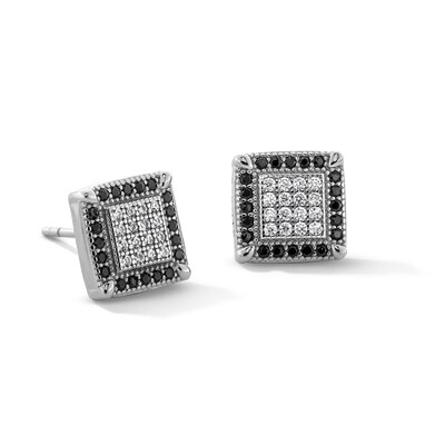 Solid Sterling Silver Black and White CZ Frame Square Composite Studs