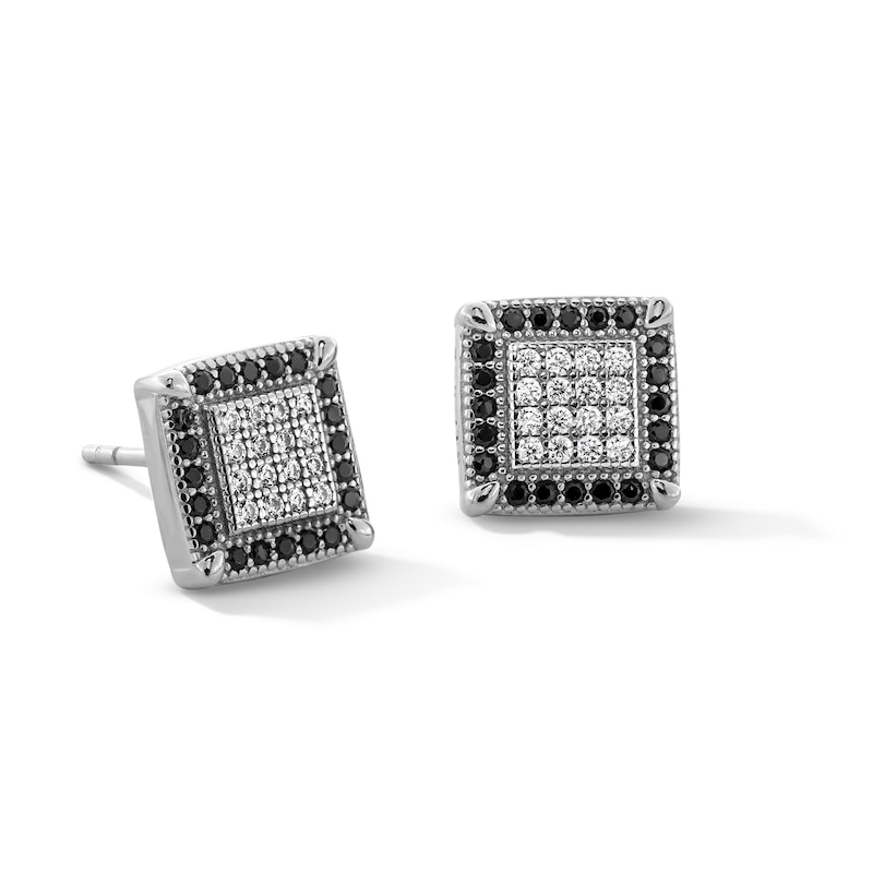Solid Sterling Silver Black and White CZ Frame Square Composite Studs