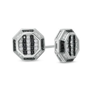 Black and White Cubic Zirconia Striped Octagon Stud Earrings in Sterling Silver