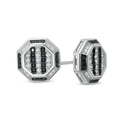 Black and White Cubic Zirconia Striped Octagon Stud Earrings in Sterling Silver
