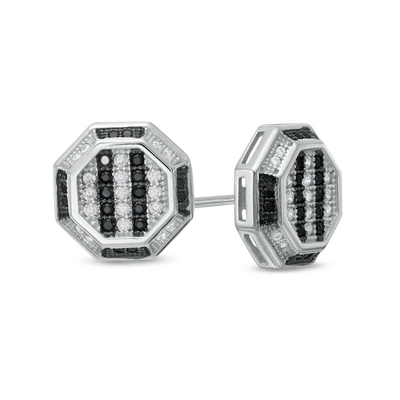 Main Image 1 of Black and White Cubic Zirconia Striped Octagon Stud Earrings in Sterling Silver