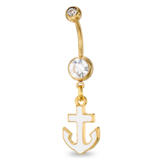 014 Gauge Cubic Zirconia White Enamel Anchor Dangle Belly Button Ring in Stainless Steel with Yellow IP