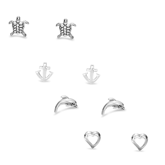 Anchor, Heart, Turtle and Dolphin Mismatch Earring Set in Sterling Silver