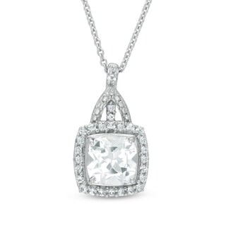7mm Cushion-Cut Lab-Created White Sapphire Frame Pendant in Sterling Silver