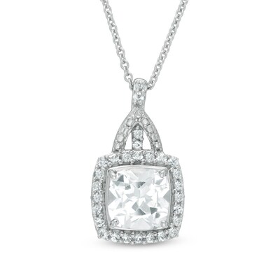 7mm Cushion-Cut Lab-Created White Sapphire Frame Pendant in Sterling Silver