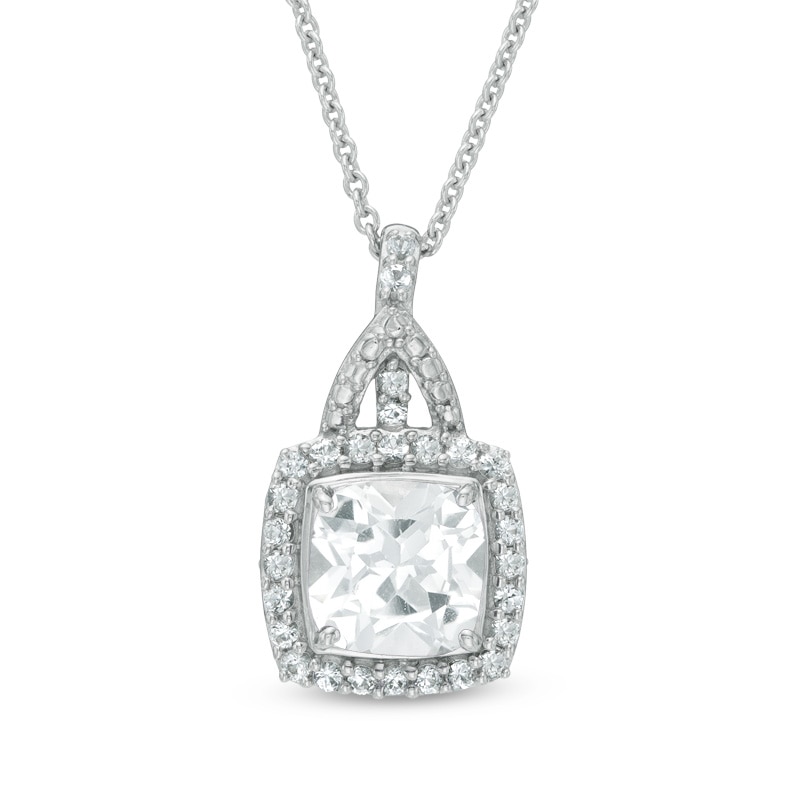 7mm Cushion-Cut Lab-Created White Sapphire Frame Pendant in Sterling Silver