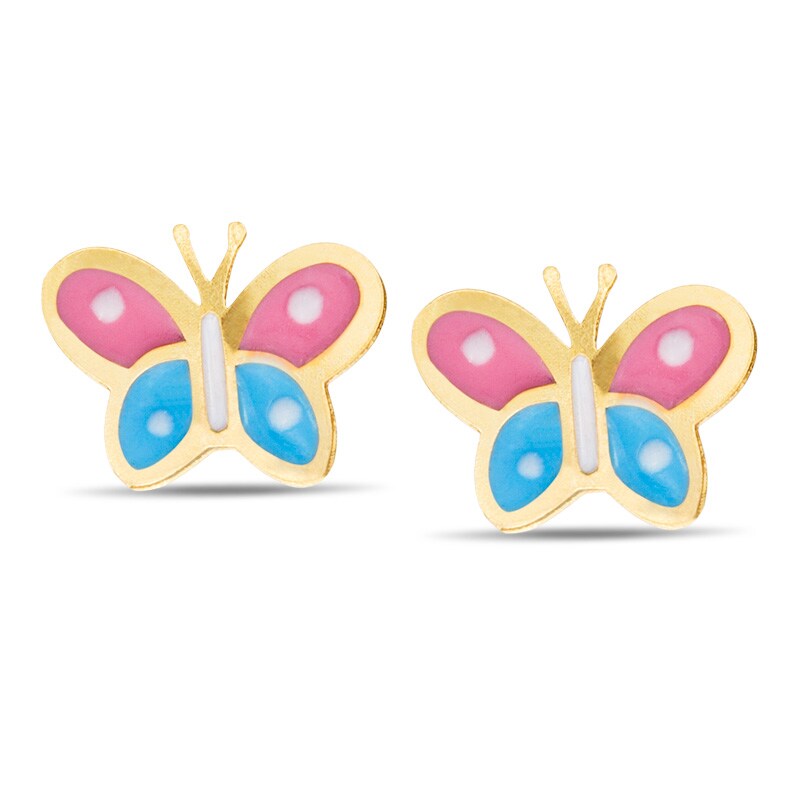 Child's Pink and Blue Enamel Butterfly Stud Earrings in 14K Gold