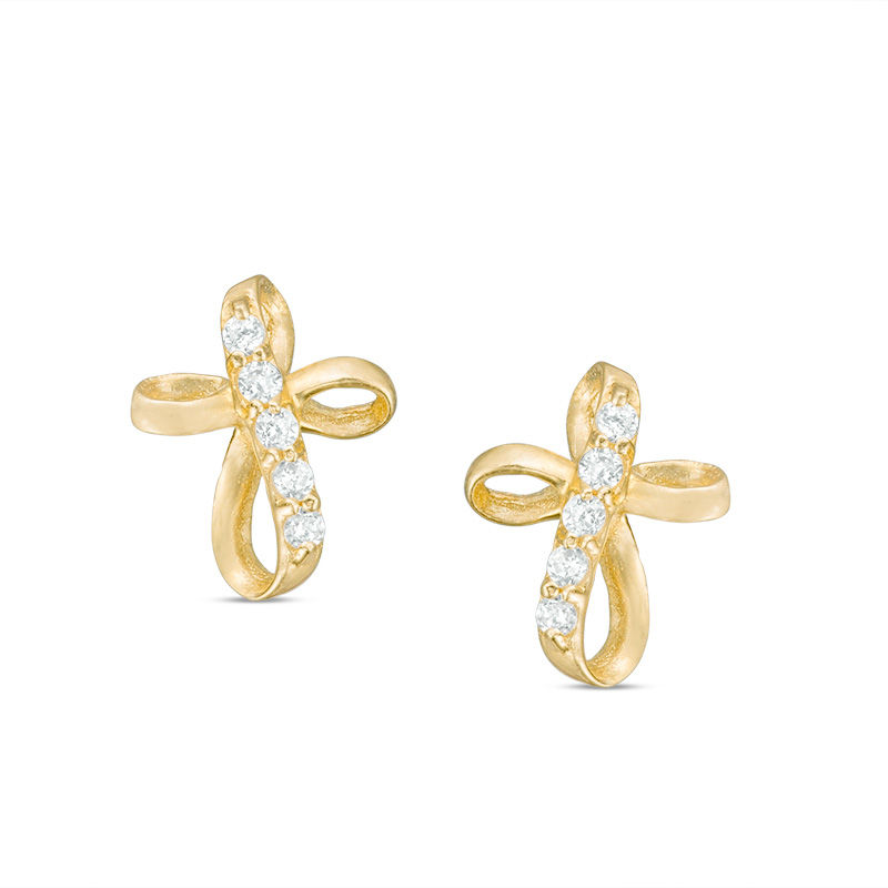 Child's Cubic Zirconia Loop Cross Stud Earrings in 14K Gold