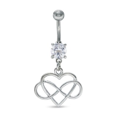 014 Gauge Cubic Zirconia Heart with Infinity Dangle Belly Button Ring in Stainless Steel