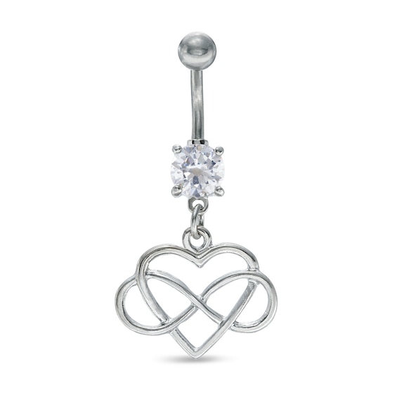 014 Gauge Cubic Zirconia Heart with Infinity Dangle Belly Button Ring in Stainless Steel