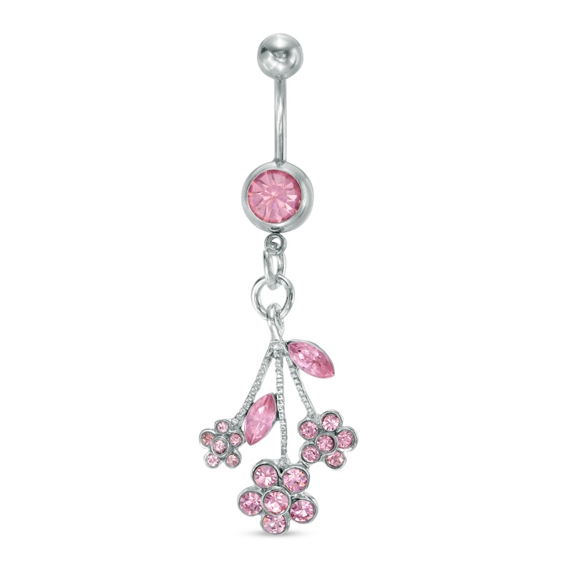 014 Gauge Pink Crystal Flower Dangle Belly Button Ring in Stainless Steel