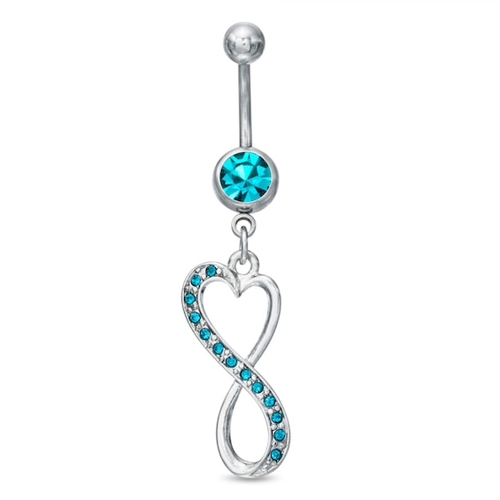 014 Gauge Blue Crystal Heart-Shaped Infinity Dangle Belly Button Ring in Stainless Steel