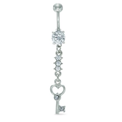 014 Gauge Crystal Heart-Top Key Dangle Belly Button Ring in Stainless Steel