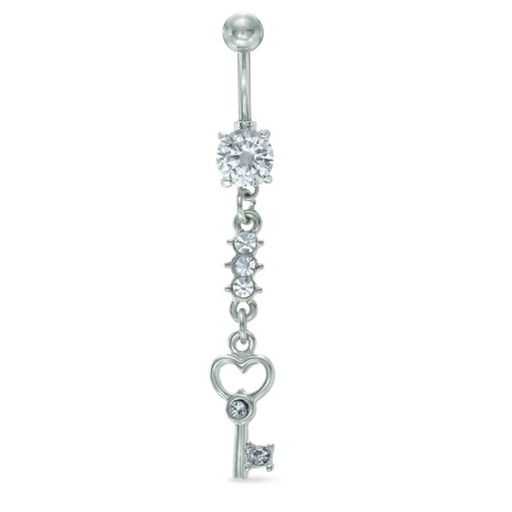 014 Gauge Crystal Heart-Top Key Dangle Belly Button Ring in Stainless Steel