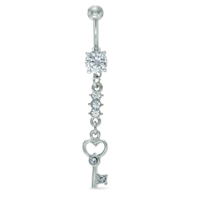 014 Gauge Crystal Heart-Top Key Dangle Belly Button Ring in Stainless Steel
