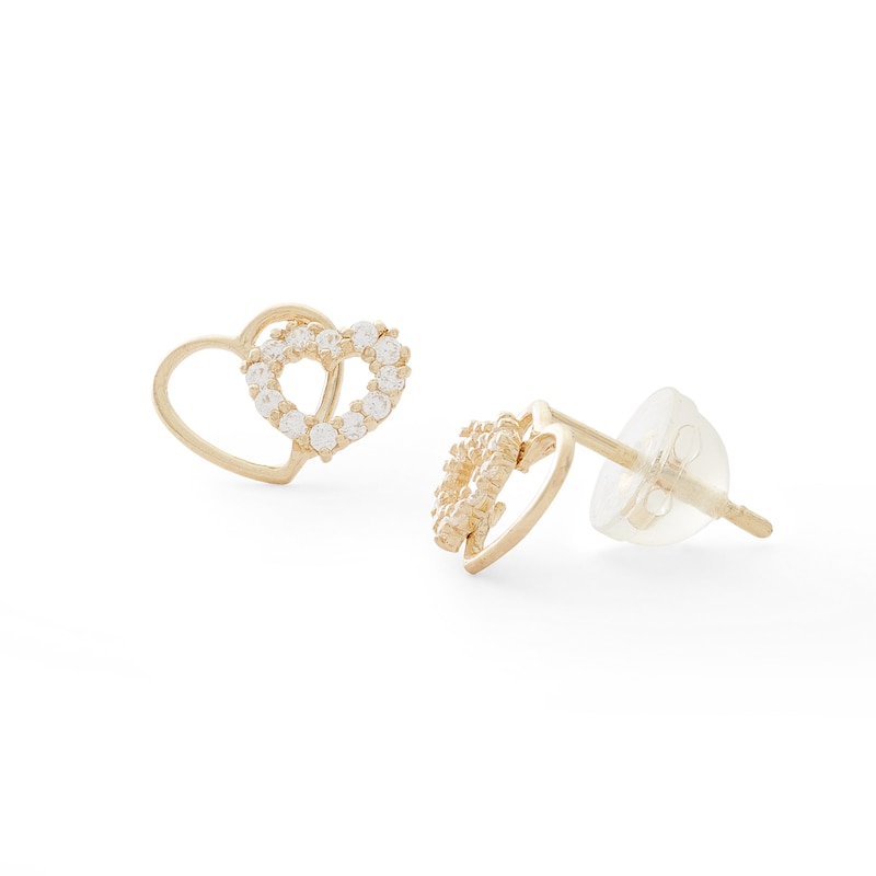 Cubic Zirconia Double Heart Stud Earrings in 14K Gold