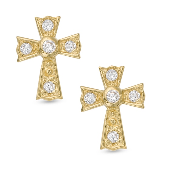 Cubic Zirconia Cross Stud Earrings in 14K Gold